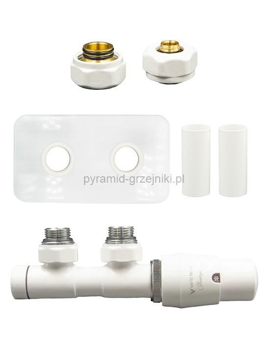 Zawór termostatyczny TWINS All in One z rozetą prostokątną - biały alu-pex - PEX 16 mm prawa 