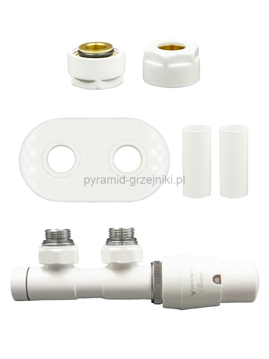 Zawór termostatyczny TWINS All in One z rozetą owalną - biały midziana - Cu 15 mm prawa 