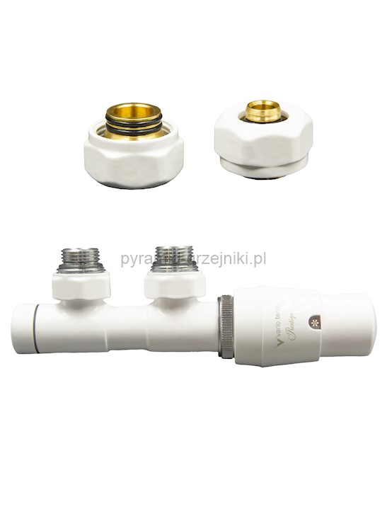 Zawór termostatyczny TWINS ze złączką PEX/CU - biały alu-pex - PEX 16 mm prawa 