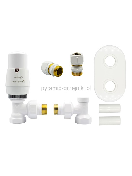 Zawór termostatyczny ELEGANT kątowy All in One - biały alu-pex - PEX 16 mm rozeta owalna 1szt 