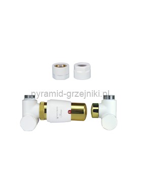 Zawór termostatyczny do grzałki 50mm INTEGRA GLAMOUR ze złączką CU/PEX/ GZ1/2 /GW1/2 - miedź 15 mm lewy biały mat ze złotym 