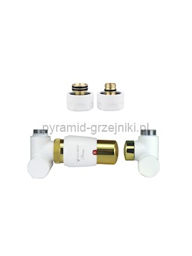Zawór termostatyczny do grzałki 50mm INTEGRA GLAMOUR ze złączką CU/PEX/ GZ1/2 /GW1/2 - pex 16 mm lewy biały mat ze złotym 