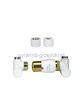 Zawór termostatyczny do grzałki 50mm INTEGRA GLAMOUR ze złączką CU/PEX/ GZ1/2 /GW1/2 - miedź 15 mm prawy biały mat ze złotym 