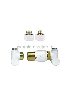 Zawór termostatyczny do grzałki 50mm INTEGRA GLAMOUR ze złączką CU/PEX/ GZ1/2 /GW1/2 - pex 16 mm prawy biały mat ze złotym 